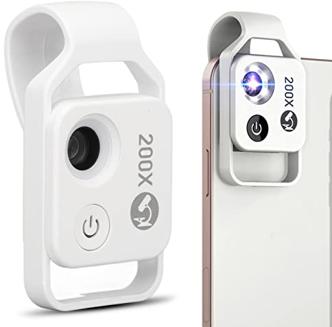 200X Telefon Mikroskop Mit LED-Licht Universal Clip, Typ C Taschen, 4H Spielzeit Kamera Anhänge für OS Android Smartphone (Weiss)