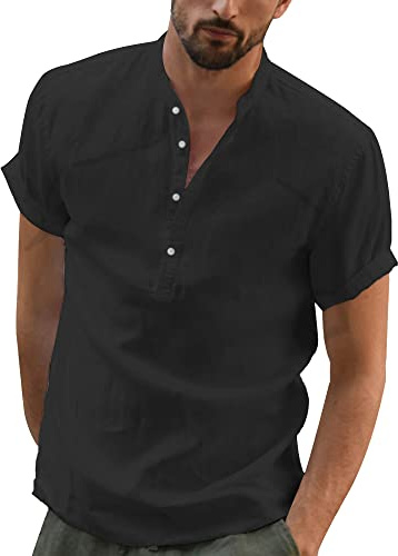 YAOBAOLE Chemise Homme Lin Chemises Col Mao pour Hommes Grande Taille Chemisette Leger pour Hommes Été Casual T Shirt Vetement Homme Noir 3XL