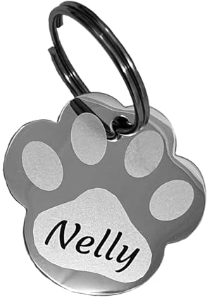 Hundemarke aus Edelstahl in Pfotenform mit Gravur Personalisiert - Tiermarke Hund, Katze, Welpen, 3 Größen, 6 Farben (S 25mm X 23mm, Silber)