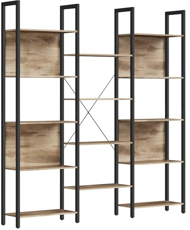 VASAGLE Bücherregal, Standregal mit 14 Ablagen, Regal mit Metallrahmen, für Wohnzimmer, Arbeitszimmer, Büro, Industrie-Design, 24 x 158 x 166 cm, Kamelbraun-tintenschwarz LLS107K01