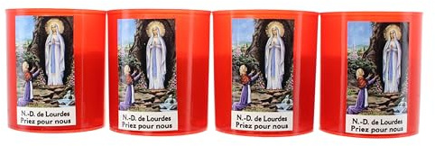 Lot de 4 bougies veilleuses rouges Notre Dame de Lourdes 6cm 20h - Bougie Votive - Culte Chrétien en Cire végétale