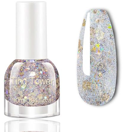 Glitter Nail Polish - Sparkle Light Gold Nail Polish - High Glossy Shine Shimmer Nail Varnish - Glitter Silver Based Decorated with Gold Paillette Fast Drying Breathable Nail Art