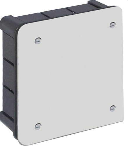 Caja empotrar 200x200mm con tapa y tornillos, ideal para instalaciones eléctricas y conexiones en techos o paredes.