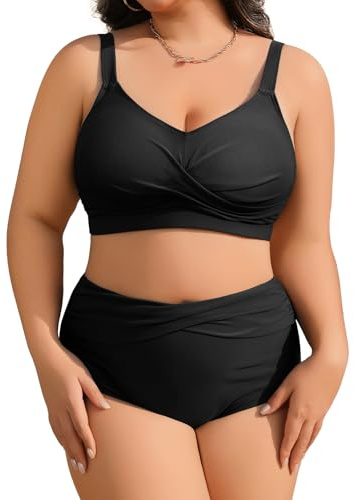 heekpek Maillot de Bain Femme 2 Pieces Grande Taille Bikini Taille Haute Col en V Maillot de Bain Ventre Plat Femme Push Up Rembourré Ensembles Maillots Deux Pièces, Noir, 4XL