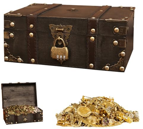 XPJBKC Scrigno del Tesoro, 24 x 17 x 9,5 cm Cassapanca Legno con Serratura a Combinazione Vintage, Scrigno Legno Baule, Scatola Pirati Scrigno del Tesoro in Legno per Compleanni, Matrimoni Deco