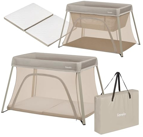 lionelo Cuna de Viaje Parque Cuna Bebe 3 en 1 Alice de 0 a 15 kg Colchón de Espuma, 2 Niveles de Altura, Plegable, Pequeña, Ligera, Entrada Lateral, Bolsa de Viaje