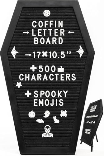 Coffin Letter Board, Halloween Coffin Letter Board Black +650 Characters Include Spooky & Seasonal Emojis, Wooden Stand - Coffin Shaped Goth Decor Sign Witchy Halloween Gothic Decor Birthday Wedding