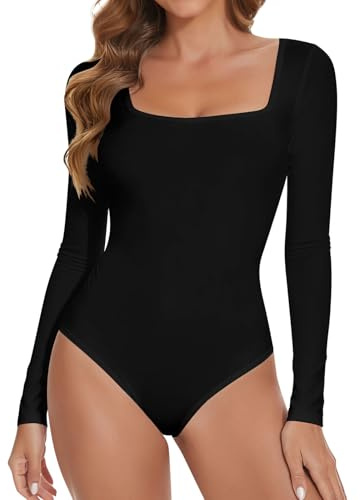 Joyshaper Women Bodysuit Square Neck Long Sleeve Body Suit Leotard Tops | Ladies Elegant Bodysuits Casual One Piece Blouse Top Stretchy Soft Knitted Jumpsuit