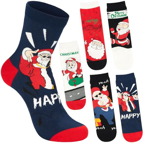 BRUBAKER 5 Par Julsockor för Herrar - Happy Santa - Cartoon Jultomte med Skateboard och Solglasögon - Roliga Herrstrumpor för Julen - Färgglada Bomullsockor - Perfekt Present till Män - Storlek 41-45