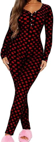 ROAONOCOMO Sexy Heart Print Onesie Pajamas for Women Valentines V Neck Button Up Jumpsuit Overall One Piece Pjs Sleepwear