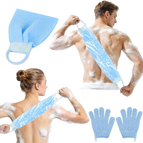 AYBUY Kroppsskrubbhandske set, 3 delar skrubbhandske, 2 skrubbhandskar och 1 x duschborstar med handtag, badrumstillbehör för män, kvinnor, exfoliering, dusch, spa, massage, blå