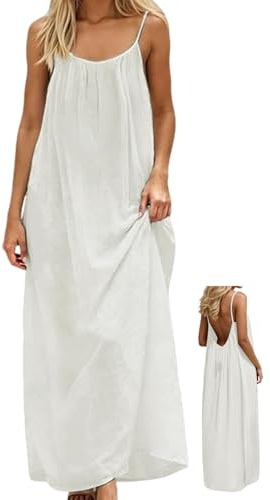NobSuit Robe d'été longue pour femme, aspect lin, bretelles spaghetti et dos nu, avec cordon de serrage, pour salon, vacances et loisirs, taille S à 5XL