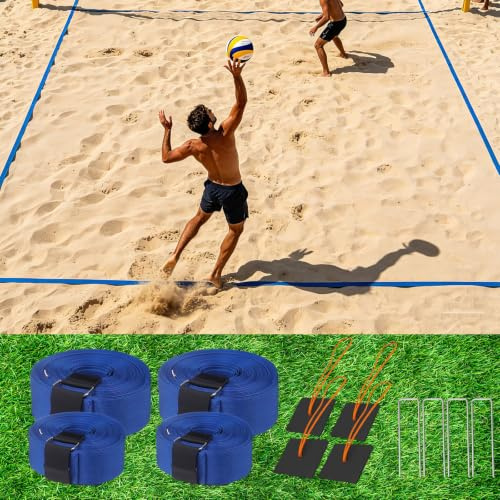 Lignes de volleyball de plage 2 en 1, marquage de terrain de jeu avec ligne centrale, lignes de terrain de volley-ball portables à fixer pour plage de sable et pelouse, lignes de place pour sports de