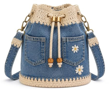 Bolso Bombonera De Denim Crochet, Bandolera Boho Con Cordón Y Margaritas