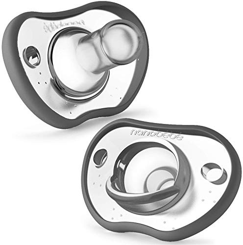 Nanobebe Baby Soothers 3+ Month - Orthodontic, Curves Comfortably with Face Contour, Award Winning for Breastfeeding Babies, 100% Silicone - BPA Free. Perfect Baby Gift 2pk, Grey