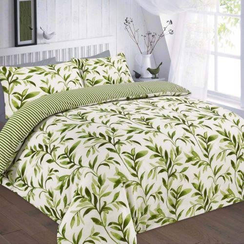 HOMES-LINEN Ellie Leaf Floral Duvet Cover Reversible Stripe Printed Duvet Bedding Set (Green, Double)