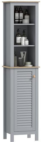 kleankin Bathroom Floor Storage Cabinet with 3 Tier Shelf and Cupboard with Door, Free Standing Linen Tower, Tall Slim Side Organizer Shelves, Grey