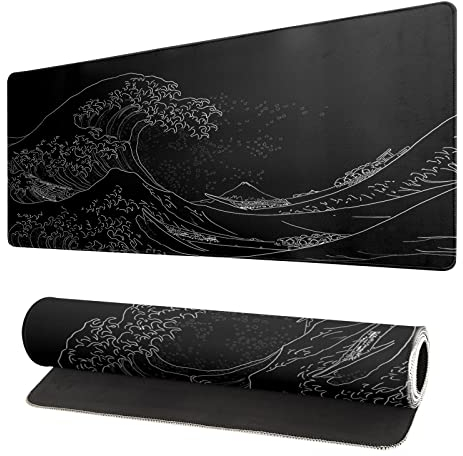 Brecoy Japanese Sea Wave Large Mouse Pad, Anime Black Gaming, Extended Kanagawa Mat Desk Pad, 3mm Thick Long Non-Slip Rubber Base Mice Pad, 31.5 X 11.8 Inch