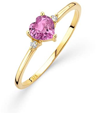 OROVI – Verlobungsring Damen aus 9 Ct Gelbgold (375) mit rosa Saphir in Herzschliff 0.48 Ct und 0.03 Ct Diamanten – Verlobungsring Edelstein & Brillanten – Hypoallergen & handgefertigt (Gr. 56)