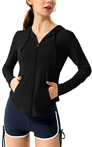 Hanyomo Mujeres Manga larga UPF 50 + protector solar Chaquetas deportivas Capucha Camiseta de fitness Bolsillo Yoga Cremallera completa Jacket
