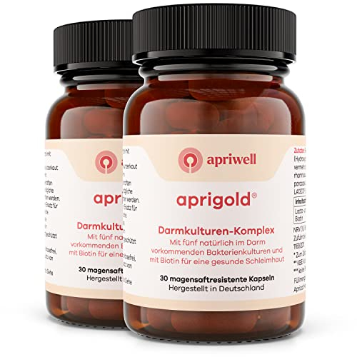 Apriwell Darmkulturen-Komplex - Fructosefrei - 5 Milchsäurebakterien & Bifidobakterien - Mit Biotin für die Schleimhaut - magensaftresistent - ohne Inulin - 60 vegane Kapseln