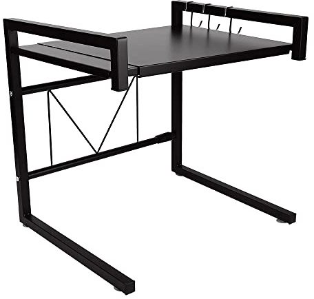 THINFAR Scaffale allungabile salvaspazio per forno a microonde, scaffale a microonde in metallo con 3 ganci di stoccaggio, lunghezza espandibile: 40-65 cm (nero)