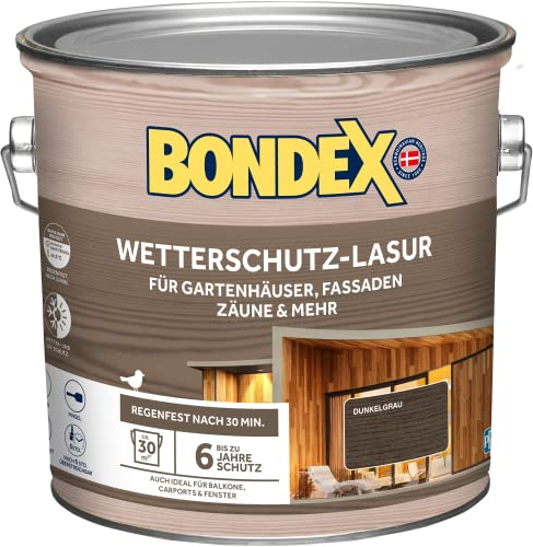 Bondex Wetterschutz Lasur Dunkelgrau 2,5 L für 30 m² | Tropf- und Spritzgehemmt | Exzellenter UV-Schutz | Sichere Anwendung ab 2 °C | seidenmatt | Wetterschutzlasur | Holzlasur