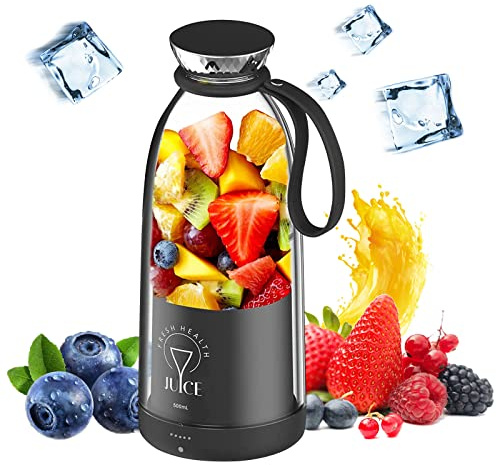 500ml Smoothie Maker, Smoothie Mixer To Go Tragbarer Saftmixer Juicy Wiederaufladbarer Portable Blender Smoothie Maker, mit 6 Klingen, für Reisen, Fitnessstudio, Büro, Sport im Freien (Schwarz)