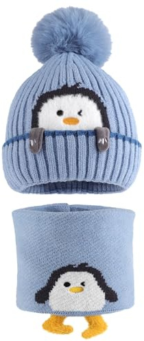 MASOCIO Conjunto Gorro y Bufanda Bebe Niño Niña Invierno Gorros Punto Sombrero Pompon 6 12 18 Meses Bebé Termico 2 Gorrito Braga Cuello Set 1-3 Años Azul