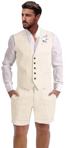 Dsteng herrlinnedräkt, 2-delad, korta kostymer för män, avslappnad, sommar, strand, bröllop, kostym, linneväst, shorts set, Beige, XL