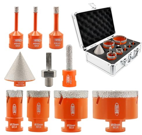 BGTEC Punta Diamantata Sega a tazza Diamantata, 10 pezzi(6/6/8/25/35/50/68mm+10mm Fresa Diamantata + 50mm Punte Smusso) per Granito Marmo Gres Porcellanato Ceramica con Filettatura M14