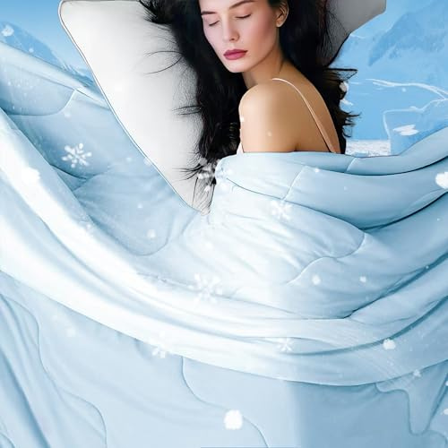 DOWNCOOL Cooling Comforter Queen Size, Blue Cooling Blanket for Hot Sleeper, Lightweight & Breathable Blanket for Night Sweats,Dual-Side Cooling Summer Bedding,90X90