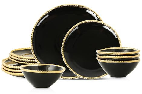 Christian Siriano Akoya Porcelain Dinnerware Set, 12-Piece - Dish Set for 4, Plates and Bowls Set, Black and Gold