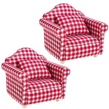 2 Sätze Puppenhaus Möbel: Miniatur Sofa Mini Sessel Puppenhaus Holz Couch Mit Kissen Rotem Karomuster Wichtel für Mini Puppenhäuser Zubehör