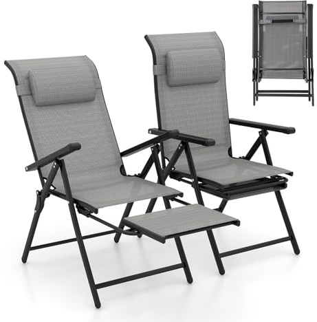 COSTWAY Chaises de Jardin Exterieur, Chaises Pliantes Réglables sur 10 Niveaux, Repose-Pied Rétractable, Appui-tête, Fauteuil Pliante pour Jardin Camping Piscine, Charge 150 kg (2)