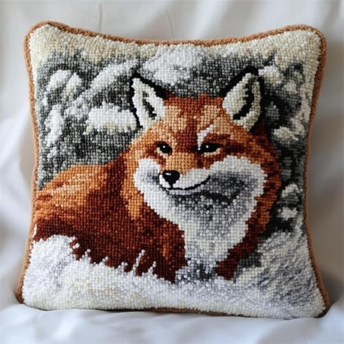 AxiangziK Kit di ganci a chiusura per cuscino,kit di ricamo,Foresta innevata,animale volpe,gancio di chiusura per cuscino principianti,federa per cuscino da divano,43x43cm