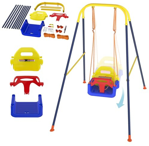 Aufun Altalena per bambini con struttura robusta 3 in 1, pieghevole, per interni ed esterni, regolabile in altezza, altezza fino a 40 kg, per bambini di 6 mesi e più grandi