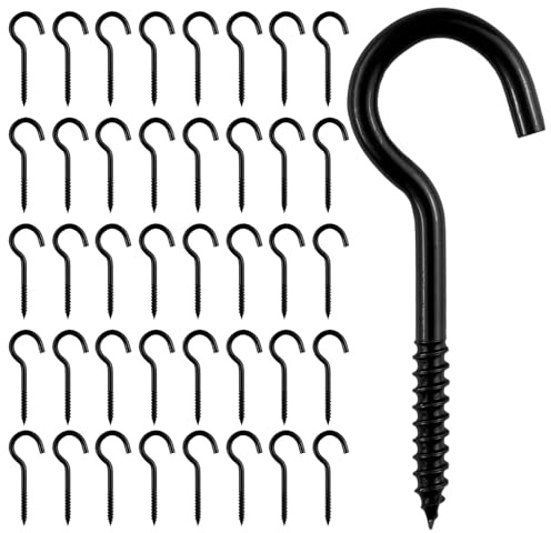 Lot de 40 crochets à vis noirs de 50 mm avec une capacité de charge de 14 à 23 kg - Crochets de plafond en acier inoxydable noir à visser - Crochets à œillets pour plantes, auvents, lumières
