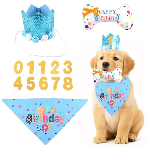 shallyong Ensemble de Fête Anniversaire Chien, 4 Pièces Fournitures de Fête pour Chien avec Chapeau, Bandana, Jouet en Os & Chiffres, Cadeau Chiens Anniversaire pour Chiots, Mâles et Femelles (Bleu)