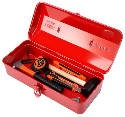 Metal Tool Box with Latch Rust Proof Tool Box Small Portable Tool Case with Handle 14.57x6.3x4.72in Lockable Metal Toolbox for Home DIY, Garage Tool Storage Box for Wrenches,Screwdrivers(RED)