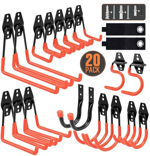 TONDA Garage Hooks, 20 Pack Garage Organization, Wall Storage Hooks Heavy Duty for Hanging Bike, Ladder, Garden Tools, Hose and Ropes, Orange