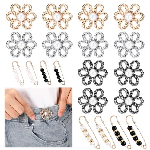 MBAIYO 20 Sets Pant Waist Tightener for Women, No Sew Metal Button Tighteners Flower Buttons Pins Waist Cincher Clips Reusable Metal Pearl Brooch Decoration Accessories for Loose Jeans Pants