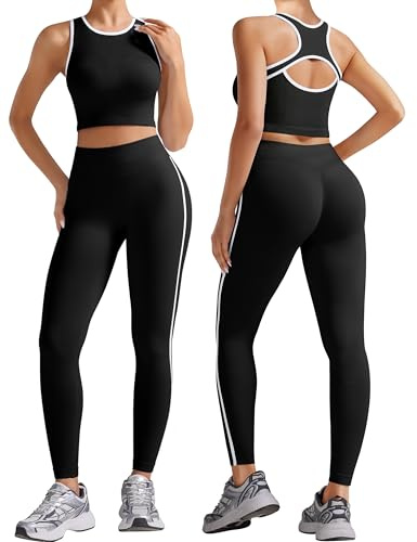 OLCHEE Womens Workout Sets 2 Piece Seamless Gym Yoga Outfits Butt Scrunch Leggings Crop Tank Top with Contrast Trim - Black Small