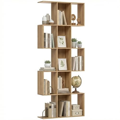 HOMCOM Libreria Scaffale a 5 Ripiani in Legno a Forma di S, Libreria Verticale Salvaspazio con 15 Compartimenti, Scaffale Portaoggetti per Soggiorno, Camera da Letto e Ufficio, Rovere