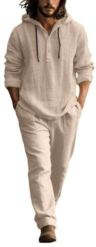 Traje Lino Hombre Verano Conjunto 2 Piezas Algodon, Camisa Casual y Pantalones Holgados Cordon, Atuendo Vintage Transpirable Comodo para Playa Fiesta Deportes Ocio y Trabajo Diario (L (l),A22)
