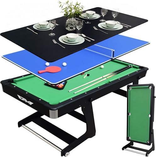 OYE 6FT 3-in-1 Folding Pool Table Snooker Table with Table Tennis Top/Dining Table - Vertical Folding Leg System for Easy to Move, Converts into Desk