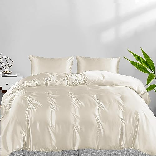 LINENWALAS Duvet Cover Set Double Size, 100% Bamboo Bedding 3 Piece Cooling Comforter Cover 200x200 cm Soft, Anti Allergy Thermo regulating Lightweight Silk Quilt Cover (Double, Ivory/Off- White)