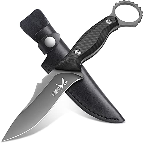 Golden Bird Cuchillo Outdoor Hoja Fija 12cm Cuchillo de Supervivencia con Mango G10 Cuchillo de Caza con Funda de Cuero Cuchillo Outdoor