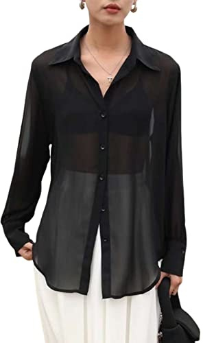 Arssm Sheer Tops for Women Sheer Button Up Blouse Long Sleeve Sexy See Through Tops Mesh Shirts(Black-S)