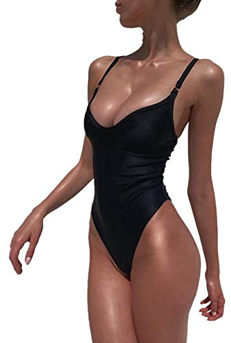 BKEPDY Damen Badeanzug One Piece Badeanzug Mädchen V Ausschnitt Badebekleidung Bademode Damen mit Bauchkontrolle Verstellbaren Sexy Swimsuits Rückenfrei Bodysuit für Schwimmen (Schwarz L)